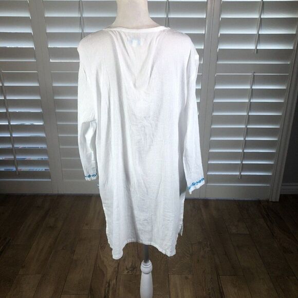 Just Bee White Beach Top Swim Cover L 100% Cotton Gauze 3/4 Sleeve Turquoise - Picture 4 of 12